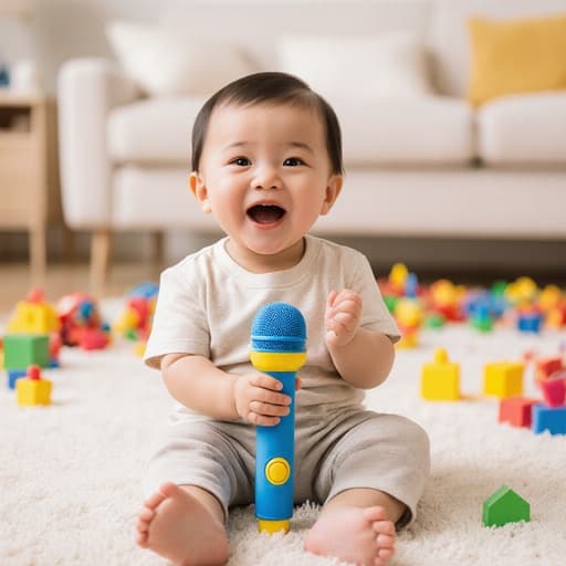 이 이미지는 아늑한 거실에 앉아 있는 귀여운 1살 남자 아기, 동양인의 반신 초상을 담고 있습니다. 그는 편안한 티셔츠와 바지를 입고, 색색의 장난감 마이크를 들고 행복하게 노래를 부르며 웃고 있습니다. 밝은 방에는 장난감들이 흩어져 있어 어린 시절의 순수함과 기쁨을 강조하는 초대하고 즐거운 분위기를 만들어냅니다.
