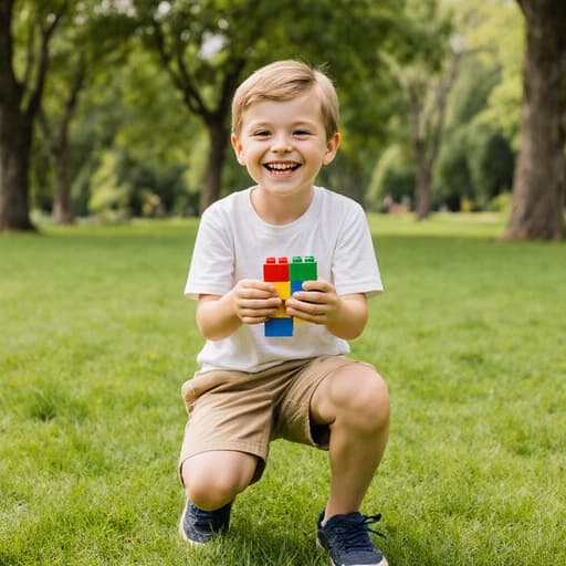즐거운 표정을 짓고 있는 7세 유럽계 남자아이, 편안한 티셔츠와 반바지를 입고 레고 블록을 들고 있는 모습이 푸르른 공원에서 포착되어 있습니다. 자연 친화적인 환경이 유쾌한 분위기를 더욱 돋보이게 합니다.