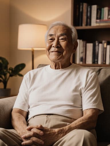 아늑한 거실에서 고마워하는 표정을 지은 70대의 동양인 남성이 면 티셔츠와 베이지색 슬랙스를 착용하고 무릎 위에 손을 올리고 편안하게 앉아 있는 반신 샷, 책과 식물로 둘러싸인 따뜻한 분위기의 공간 속에서.