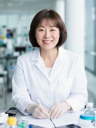 40대 한국인 여성이 화이트 코트와 장갑을 착용하고 연구 자료를 들고 긍정적인 표정을 지으며 현대적인 연구 센터에서 앉아 있는 모습의 반신 사진입니다.