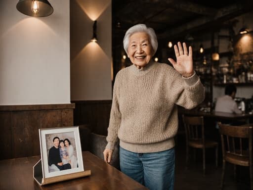 70대 동양인 여성의 반신 사진으로, 편안한 니트 스웨터와 청바지를 입고 있으며 만족스러운 미소를 지으며 가족에게 손을 흔들며 인사하고 있습니다. 그녀 앞의 테이블에는 가족 사진이 놓여 있는 아늑한 카페의 내부가 배경으로, 부드러운 자연광이 따뜻한 분위기를 더해주고 있습니다. 그녀의 표정은 따뜻함과 행복을 전달하며, 가족의 사랑과 유대감을 완벽하게 포착하고 있습니다.