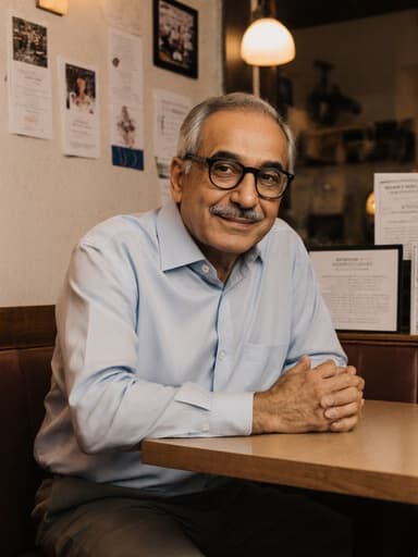 50대 중동계 남성이 캐주얼한 셔츠와 스마트한 안경을 착용하고 아늑한 카페에 앉아 손을 테이블에 얹고 약간 앞으로 기울이며 대화에 참여하고 있습니다. 배경에는 교육 자료가 보이며, 따뜻하고 초대하는 분위기가 학습과 상호작용의 주제를 강조합니다.