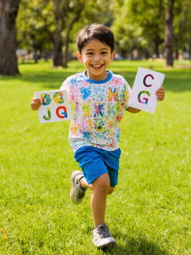 밝은 티셔츠와 반바지를 입고 알파벳 카드를 들고 즐겁게 달리는 7세의 라틴계 남자아이가 푸른 잔디와 나무들이 있는 공원에서 사랑스러운 미소를 지으며 활기찬 모습을 보여주고 있습니다.