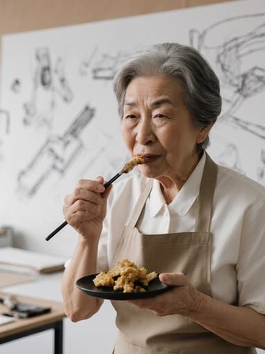 디자인 스튜디오에서 작업복과 앞치마를 착용한 60대 한국인 여성의 반신 샷, 한 손에 디자인 도구를 들고 다른 손으로 음식을 먹으려다가 찡그린 표정을 지으며 스케치와 도구들로 둘러싸인 모습.