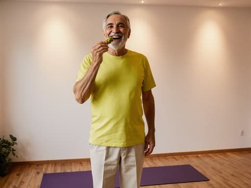 60대 중동계 남성이 밝은 요가 복장을 입고 건강한 스낵을 들고 있는 모습으로, 아늑한 요가 스튜디오에서 따뜻한 미소를 지으며 웰빙을 추구하는 모습을 담고 있습니다.