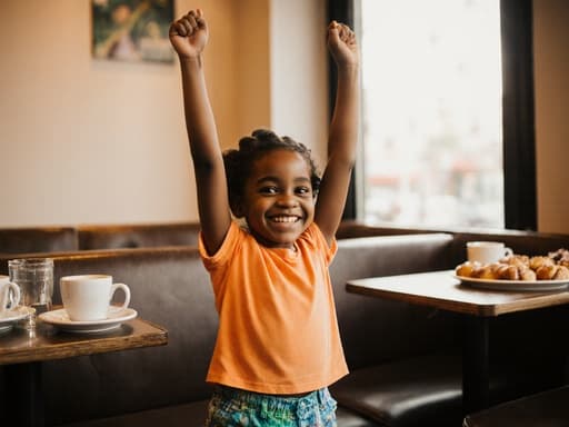 이 이미지는 밝은 티셔츠와 반바지를 입고 아침을 맞이하며 팔을 쭉 뻗고 있는 사랑스러운 7살 흑인 소녀를 보여줍니다. 배경은 따뜻한 햇살이 비치는 아늑한 카페 내부로, 커피와 빵이 진열된 테이블이 있어 즐거운 분위기를 만들어냅니다.