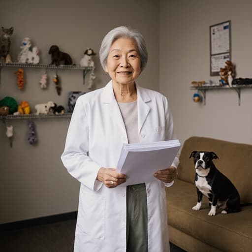 60대 동양인 여성이 화이트 코트와 캐주얼 바지를 입고 동물 병원 대기실에서 동물의 진료 기록을 들고 기다리고 있는 모습의 반신 사진. 아늑한 소파와 장난감들이 배경을 이루며 따뜻하고 친근한 분위기를 자아냅니다.