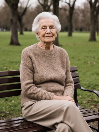 70대 유럽계 여성의 차분한 반신 사진으로, 공원 벤치에 크로스 레그로 앉아 있습니다. 그녀는 편안한 니트 스웨터와 세련된 슬랙스를 착용하고 자연스럽고 편안한 외모를 지니고 있습니다. 그녀의 표정은 평화롭고 차분하며, 주변의 푸른 공원을 사색하며 바라보고 있습니다. 푸른 잔디와 나무들로 둘러싸인 평화로운 풍경 속에서 자연과 조화를 이루는 여유로운 오후의 분위기가 느껴집니다.