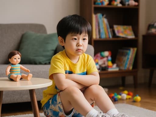 아늑한 거실에 있는 귀여운 3세 한국인 남자아이가 밝은 색상의 티셔츠와 반바지를 입고, 카페 테이블 위의 인형을 바라보며 팔짱을 끼고 지루한 표정을 짓고 있는 모습, 장난감과 가구로 둘러싸인 따뜻한 분위기.
