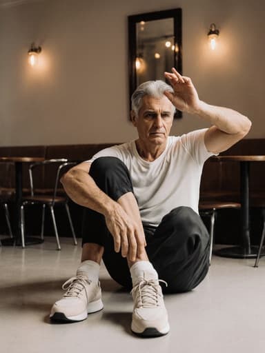 40대 라틴계 남성이 편안한 운동복을 입고 아늑한 카페 바닥에 앉아 무릎을 세우고 춤 동작을 연습하고 있습니다. 그의 찡그린 표정은 집중력을 보여줍니다. 부드러운 조명과 주변 테이블이 따뜻하고 초대하는 분위기를 만들어냅니다.