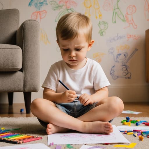 귀여운 3세 백인 남성이 아늑한 거실 바닥에 앉아 편안한 티셔츠와 반바지를 입고 있습니다. 그는 약간 찡그린 표정으로 배고픈 모습이며, 다리를 뻗고 색색의 크레용으로 그림을 그리고 있습니다. 배경은 벽에 걸린 아이의 그림과 바닥에 흩어진 색종이와 장난감들로 아늑하고 따뜻한 분위기를 자아냅니다.