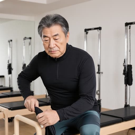 60대의 한국인 남성이 자연스러운 외모로 편안한 운동복과 필라테스 전용 레깅스를 착용한 반신 샷입니다. 그는 필라테스 매트를 준비하며 옷을 정리하는 자세를 취하고 있으며, 깊은 생각에 잠긴 고민하는 표정을 짓고 있습니다. 배경은 필라테스 기구가 배치된 깔끔하고 현대적인 운동실로, 활동적인 라이프스타일을 강조합니다. 전체적인 장면은 집중과 평온함을 전달하며 피트니스와 웰빙의 본질을 포착하고 있습니다.