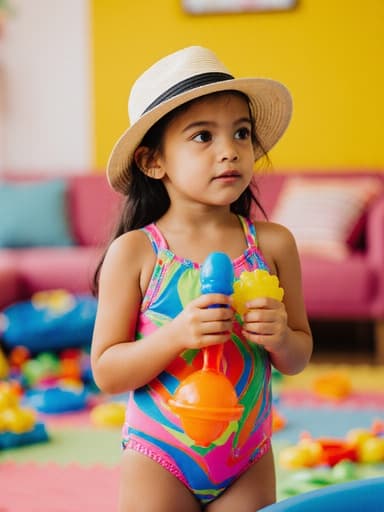 7세의 라틴계 여아가 밝은 색상의 수영복과 여름 모자를 착용하고, 두 손으로 물놀이 장난감을 안고 배고픈 표정을 지으며 기다리는 모습의 반신 사진. 활기찬 색상의 거실 배경은 즐거운 장식과 흩어진 장난감들로 가득 차 있어 장면의 경쾌한 분위기를 더욱 강조합니다.