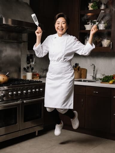 50대 한국인 여성의 전신 사진으로, 자연스러운 외모를 가진 친근한 표정을 짓고 있습니다. 그녀는 흰색 셰프 복장과 신발을 착용하고 있으며, 조리 도구를 들고 기쁘게 점프하는 자세를 취하고 있습니다. 배경은 아늑하고 잘 정돈된 조리실로, 장면의 따뜻함을 더합니다. 전체적인 분위기는 초대하는 듯하고 유쾌하여 요리에 대한 열정을 완벽하게 담고 있습니다.