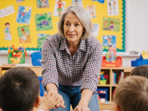 50대 혼혈 여성이 체크무늬 블라우스와 청바지를 입고 반신 샷으로 촬영되어 있습니다. 그녀는 차분한 표정으로 아이들과 소통하며, 밝고 아기자기한 유치원 교실에서 스트레칭 자세로 아이들에게 운동을 가르치고 있습니다. 벽에는 생동감 넘치는 그림과 장난감들이 배치되어 있어 즐거운 분위기를 자아냅니다.