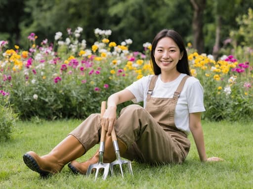 아름다운 공원에서 잔디 위에 앉아 편안한 정원 가꾸기 복장과 장화를 입은 30대의 우아한 동양인 여성이 반신샷으로 촬영되었습니다. 그녀는 정원 도구를 손에 들고 있으며, 우아한 미소와 여유로운 감정을 표현하며 다채로운 꽃과 푸른 잔디 속에서 편안한 분위기를 자아냅니다.
