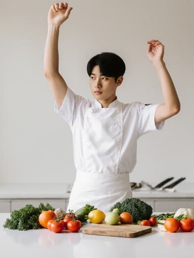 10대 초반 아시아계 남성이 흰색 앞치마를 매고 주방에서 재료를 바라보며 무관심한 표정을 짓고 팔을 위로 뻗고 있는 모습, 넓고 깔끔한 주방 공간에서 촬영된 이미지.