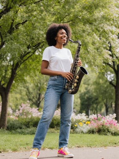 이 이미지는 30대 아프리카계 여성이 밝은 미소를 지으며 악기를 들고 있는 모습을 담고 있습니다. 그녀는 캐주얼한 티셔츠와 청바지를 입고, 밝은 색상의 운동화를 신은 채로 푸른 나무와 꽃들이 있는 고요한 공원에서 음악을 준비하는 즐거운 분위기를 연출하고 있습니다.
