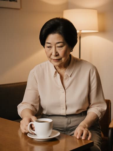 60대 한국인 여성이 편안한 블라우스와 팬츠를 입고, 테이블 위의 커피잔을 바라보며 깊은 생각에 잠긴 모습의 반신 촬영, 아늑한 카페 스타일 회의실의 따뜻한 조명 속에 둘러싸여 있습니다.