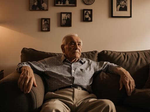 이 이미지는 80대 라틴계 남성이 체크무늬 셔츠와 슬랙스를 입고 소파에 편안하게 앉아 있는 모습을 담고 있습니다. 아늑한 거실의 따뜻한 조명과 벽에 걸린 가족 사진들이 친근한 분위기를 자아내며, 그의 지루한 표정이 장면에 약간의 무기력함을 더합니다.