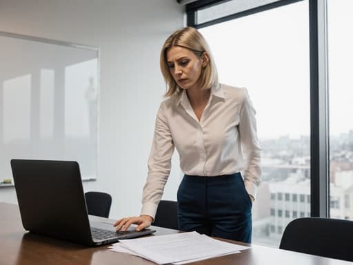 30대 백인 여성의 반신 촬영으로, 자연스러운 외모를 가지고 있으며 집중한 표정을 지으며 현대적인 회의실 테이블에 앉아 있습니다. 그녀는 깔끔한 블라우스와 정장 바지를 착용하고 있으며, 앞에 있는 노트북과 서류를 주의 깊게 바라보고 있습니다. 배경은 큰 창문과 화이트보드가 있는 현대적인 회의실로, 전문적인 분위기를 더하고 있습니다.