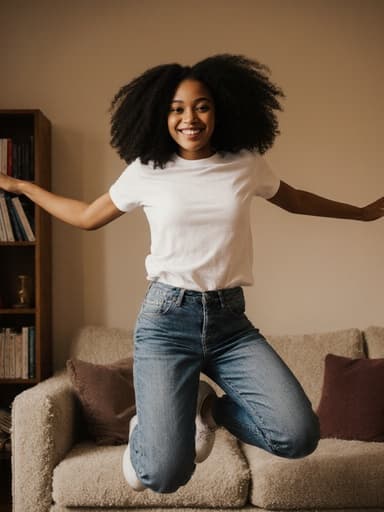 세련된 외모를 가진 혼혈의 10대 후반 소녀가 화이트 티셔츠와 청바지를 입고 점프하는 모습이 담긴 전신 샷입니다. 자신감 있는 표정과 밝은 미소를 지으며, 아늑한 거실 배경(소파와 책장 포함)이 상담 문화를 반영하는 따뜻한 분위기를 더하고 있습니다.