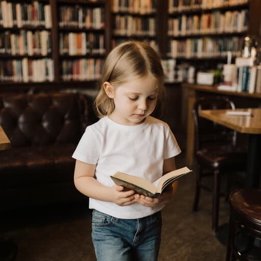 7세 백인 소녀의 반신 샷으로, 귀여운 외모를 가진 그녀는 편안한 티셔츠와 청바지를 입고 있습니다. 졸린 표정을 지으며 천천히 책을 들고 걷고 있는 모습입니다. 배경에는 아늑한 카페 내부와 책장이 있어 그녀의 편안한 분위기를 더욱 돋보이게 합니다.