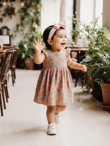 밝은 색상의 원피스와 작은 리본이 달린 헤어밴드를 착용한 귀여운 1세 중동계 여자 아기의 전신 사진입니다. 그녀는 걷고 손을 흔들며 주변을 바라보며 활발하고 즐거운 표정을 짓고 있습니다. 배경은 다양한 식물과 테이블로 꾸며진 아늑하고 화사한 카페 내부로, 따뜻하고 초대하는 분위기를 만들어냅니다.