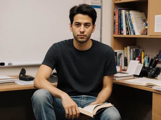 30대 혼혈 남성이 교사 사무실에 서서 책을 들고 무관심한 표정을 짓고 있습니다. 그는 편안한 티셔츠와 청바지를 입고 있으며, 배경은 교과서와 학습 자료로 잘 정리된 책상이 있습니다.