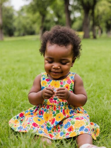 푸른 잔디 위에 앉아 있는 귀여운 1세의 아프리카계 여성 아기가 밝은 색상의 아기용 드레스를 입고 졸린 미소를 지으며 손으로 무언가를 만지작거리는 반신 사진입니다. 잔디와 나무가 있는 공원에서 평화로운 분위기를 자아냅니다.