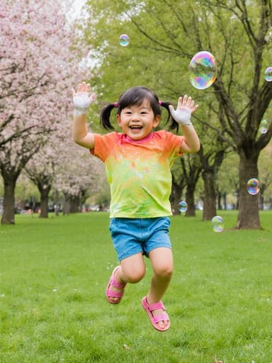 귀여운 외모를 가진 3세 동양인 여아가 밝은 티셔츠와 반바지를 입고, 나무와 꽃들이 가득한 아름다운 공원에서 비누 거품을 묻힌 손으로 점프하며 장난스럽게 웃고 있는 모습입니다.