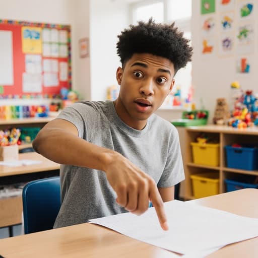 자연스러운 외모를 가진 혼혈 남성의 반신 샷으로, 다양한 장난감과 교육 도구가 가득한 밝고 아늑한 유치원 교실의 테이블에 앉아 있습니다. 그는 편안한 티셔츠와 청바지를 착용하고 있으며, 놀란 표정과 호기심 가득한 감정을 표현하며 손으로 종이를 가리키며 설명하고 있는 모습입니다. 따뜻한 조명과 다채로운 배경이 교실의 즐겁고 초대하는 분위기를 더욱 강조하여, 모델의 감정과 사물과의 상호작용이 이미지의 주요 포인트가 되고 있습니다.