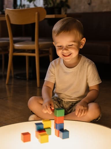 3세 백인 남아가 아늑한 카페에서 편안하게 앉아 있는 반신 사진. 그는 편안한 티셔츠와 반바지를 입고 있으며 순수한 미소를 지으며 즐거운 표정을 짓고 있다. 아이는 다리를 뻗고 앉아 블록을 쌓으며 놀고 있으며, 카페의 따뜻한 조명 아래 아늑한 분위기가 감돌고 있다. 그 앞의 테이블 위에는 다채로운 블록이 놓여 있어 장난스럽고 행복한 분위기를 강조하고 있다.