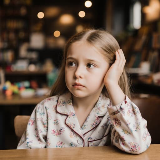 아늑한 카페의 창밖을 지루한 표정으로 바라보며 손으로 머리를 받치고 있는 7세 백인 소녀의 반신 사진. 편안한 파자마를 입고 테이블에 앉아 있으며, 주변에는 책과 장난감이 놓여 있어 따뜻하고 아늑한 분위기를 전달합니다.