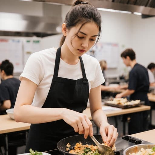 20대 백인 여성이 편안한 티셔츠와 앞치마를 입고 반신 촬영된 모습으로, 요리에 집중하며 당황한 표정을 짓고 있습니다. 그녀는 재료를 다루고 조리 도구를 사용하는 모습이 언어 학습을 위한 요리 학원 내부에서 촬영되었습니다. 따뜻하고 아늑한 주방 배경이 교육적인 분위기를 더해주며 요리 수업의 완벽한 장면을 만들어냅니다.