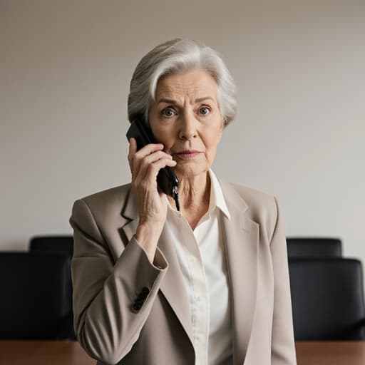 60대 한국인 여성이 단정한 블라우스와 재킷을 입고, 귀에 전화를 대고 당황한 표정을 지으며 긴장한 자세로 서 있는 모습의 반신 사진입니다. 배경에는 조용한 회의실의 책상과 의자가 있어 전문적인 분위기를 연출하며, 부드럽고 자연스러운 조명이 특징입니다.