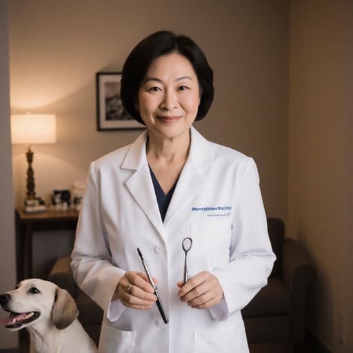 50대 아시아계 여성이 의사 가운과 편안한 신발을 입고, 동물 병원의 아늑한 내부에서 작은 동물 치료 도구를 들고 서 있는 모습입니다. 따뜻한 조명이 초대하는 분위기를 더해 그녀의 동물 돌봄에 대한 열정을 잘 드러냅니다.