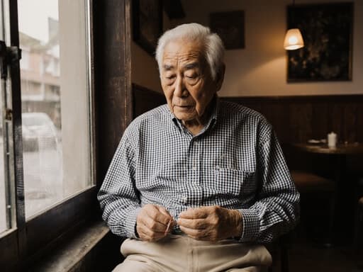 70대 한국인 남성이 흰 머리와 주름이 있는 얼굴로 반신을 촬영한 모습입니다. 그는 아늑한 카페의 창가에 앉아 편안한 체크무늬 셔츠와 베이지색 바지를 입고 바늘과 실을 들고 바느질을 하고 있습니다. 그의 표정은 외로움과 깊은 생각을 반영하며, 카페의 따뜻하고 초대하는 분위기가 잘 어우러져 있습니다.