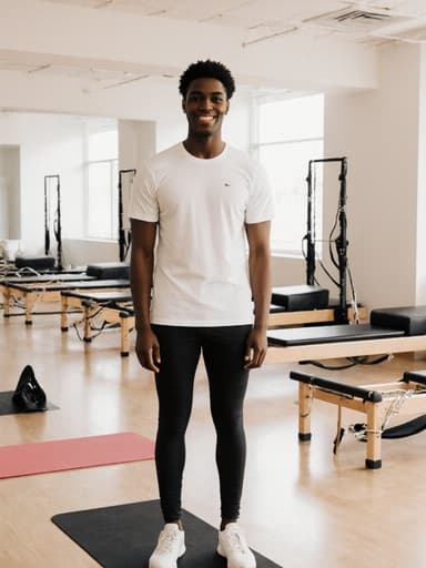 자신감 넘치는 10대 후반의 아프리카계 남성이 밝은 필라테스 실내에서 편안한 필라테스 복장을 입고 서 있습니다. 그는 자연스러운 외모를 가지고 있으며, 팔을 자연스럽게 늘어뜨리고 몸을 약간 기울이며 매력적인 미소를 지으며 동작을 준비하는 모습입니다. 배경에는 요가 매트와 필라테스 기구들이 있어 에너지가 넘치는 분위기를 연출하고 있습니다.