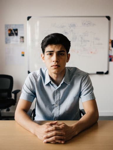 10대 초반의 라틴계 남성이 캐주얼한 셔츠와 청바지를 입고 회의 테이블에 앉아 걱정스러운 표정을 짓고 있는 반신 샷입니다. 배경은 디자인 스튜디오의 회의실로 화이트보드와 다양한 디자인 자료들이 있어 창의적인 환경을 보여줍니다.