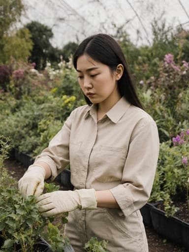 20대 동양인 여성이 가벼운 작업복과 장갑을 착용한 모습이 반신으로 촬영되었습니다. 그녀는 식물을 살펴보며 심각한 표정을 짓고 있으며, 다양한 꽃들로 가득한 화사한 정원에서 자연과 깊은 연결을 느끼고 있습니다.