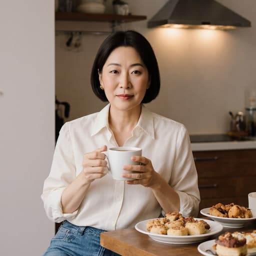 40대 한국인 여성의 반신 촬영으로, 자연스러운 외모를 가진 모델이 캐주얼한 블라우스와 청바지를 입고 있습니다. 그녀는 커피 컵을 부드럽게 들고 평온한 표정을 지으며 커피를 즐기고 있습니다. 배경은 아늑한 주방 환경으로, 식탁 위에는 다양한 파티 음식들이 놓여 있습니다. 전체적인 장면은 휴식과 즐거움의 순간을 포착하고 있으며, 집의 따뜻함과 삶의 단순한 즐거움을 강조합니다.