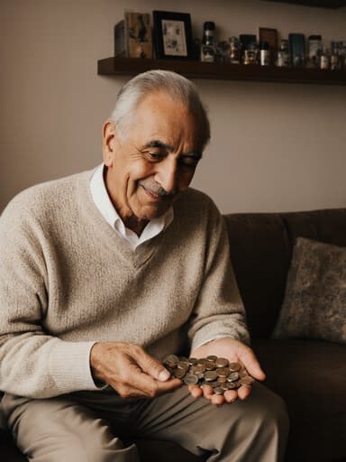 70대 중동계 남성이 편안한 니트 스웨터와 슬랙스를 입고 만족스러운 표정으로 미소를 지으며 손에 수집한 동전들을 다정하게 바라보고 있는 모습의 반신 사진입니다. 배경에는 아늑한 거실이 있으며, 다양한 수집품이 진열된 선반과 편안한 소파가 있어 따뜻한 분위기를 자아냅니다. 자연스러운 조명이 장면의 따뜻함을 강조합니다.