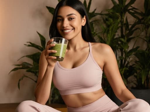 20대 라틴계 여성의 반신 사진으로, 필라테스 매트 위에 앉아 건강한 스무디를 즐기고 있습니다. 편안한 필라테스 의상을 입고 매력적인 미소를 지으며 자신감 있는 표정을 짓고 있습니다. 배경은 부드러운 조명과 생생한 녹색 식물이 있는 평화로운 스파 분위기로, 건강과 웰빙의 주제를 완벽하게 표현하고 있습니다.