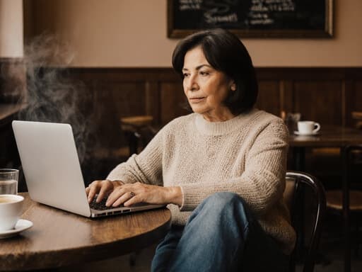 50대 라틴계 여성의 반신 사진으로, 편안한 니트 스웨터와 청바지를 입고 크로스 레그로 앉아 무표정으로 노트북을 바라보고 있습니다. 아늑한 카페 배경이 초대하는 분위기를 더해 주며, 편안한 노트북 사용을 잘 보여줍니다.