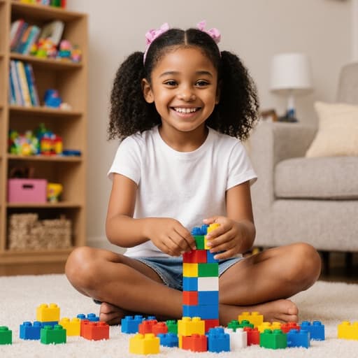 7세 혼혈 여아가 편안한 거실 바닥에 앉아 크로스 레그로 다양한 색상의 레고 블록을 조립하며 즐겁게 웃고 있습니다. 캐주얼한 티셔츠와 반바지를 입고 있으며, 주변에는 다양한 장난감과 책들이 놓여 있어 따뜻한 분위기를 만들어냅니다.