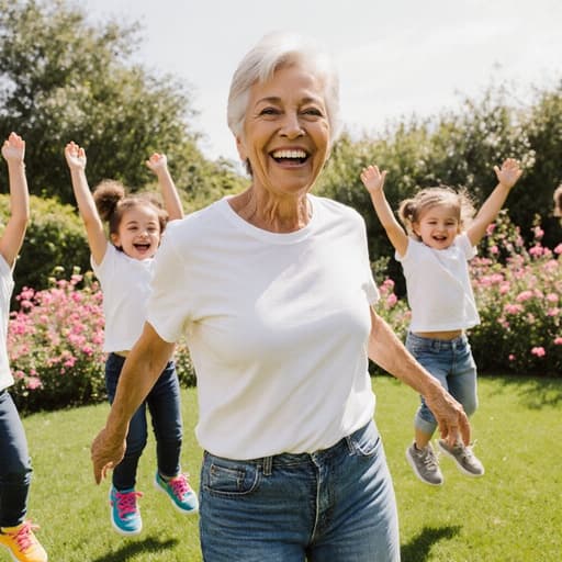 50대 혼혈 여성의 반신 사진으로 편안한 티셔츠와 청바지, 밝은 색상의 스니커즈를 착용하고 유아들과 함께 즐겁게 점프하고 있는 모습이 아름다운 정원에서 꽃들이 만발하고 푸른 잔디가 펼쳐진 곳에서 행복하고 활기찬 분위기를 보여줍니다.