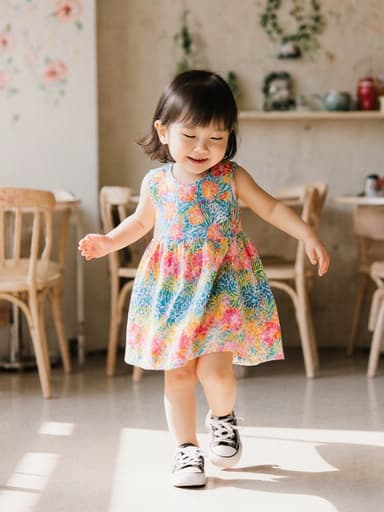 알록달록한 원피스와 스니커즈를 입은 3세 한국인 여성의 전체 몸shot, 아기자기한 카페에서 숨바꼭질 놀이를 하며 춤추듯이 움직이고 있습니다. 그녀는 졸린 듯하지만 기분 좋은 표정을 지으며 약간 미소를 짓고 있습니다. 카페의 아늑한 인테리어가 그녀의 재미있는 순간을 더욱 돋보이게 합니다.