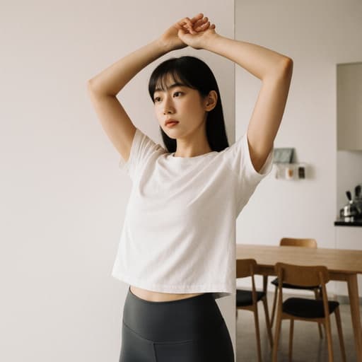 10대 후반의 아시아계 여성의 반신 사진으로, 자연스러운 외모를 가진 편안한 티셔츠와 레깅스를 착용하고 있습니다. 밝고 깔끔한 주방에서 벽에 기대어 스트레칭을 하며 지루한 표정을 짓고 있습니다. 주방 배경에는 깔끔하게 정리된 식탁과 의자가 보입니다.