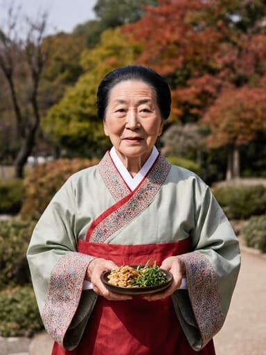 80대 동양인 여성의 평온한 반신 사진으로, 전통 한복을 우아하게 입고 있습니다. 그녀는 전통 한국 음식을 만들기 위해 손에 재료를 들고 있으며, 평온한 표정을 짓고 있습니다. 배경은 아름다운 전통 한국 정원으로, 이미지의 문화적 주제를 강조합니다. 부드러운 자연광이 그녀의 의상과 정원의 생동감 넘치는 색상을 강조하여 조화롭고 매력적인 분위기를 만들어냅니다.